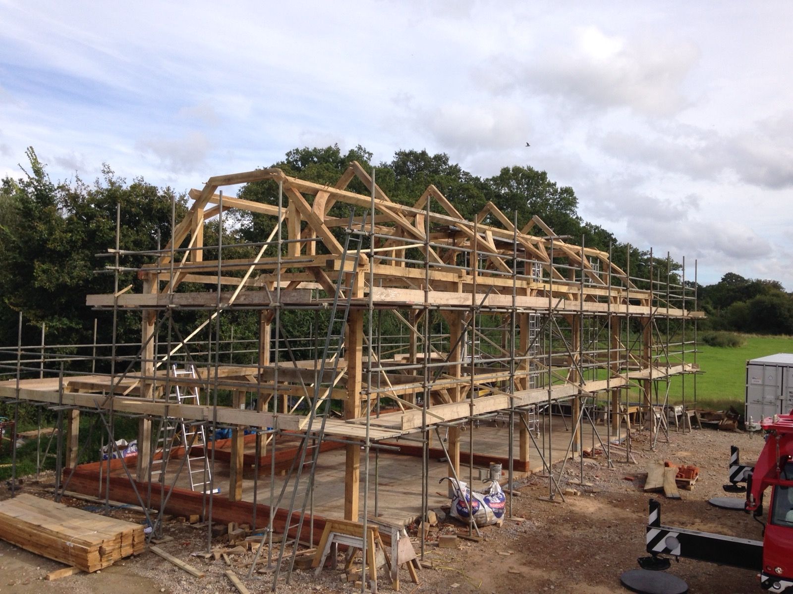 Oak framed barn raising scaffold