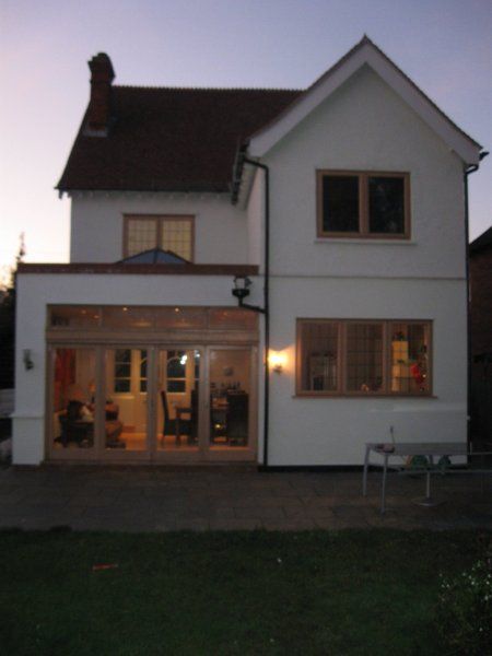 Oak framed extension exterior dusk