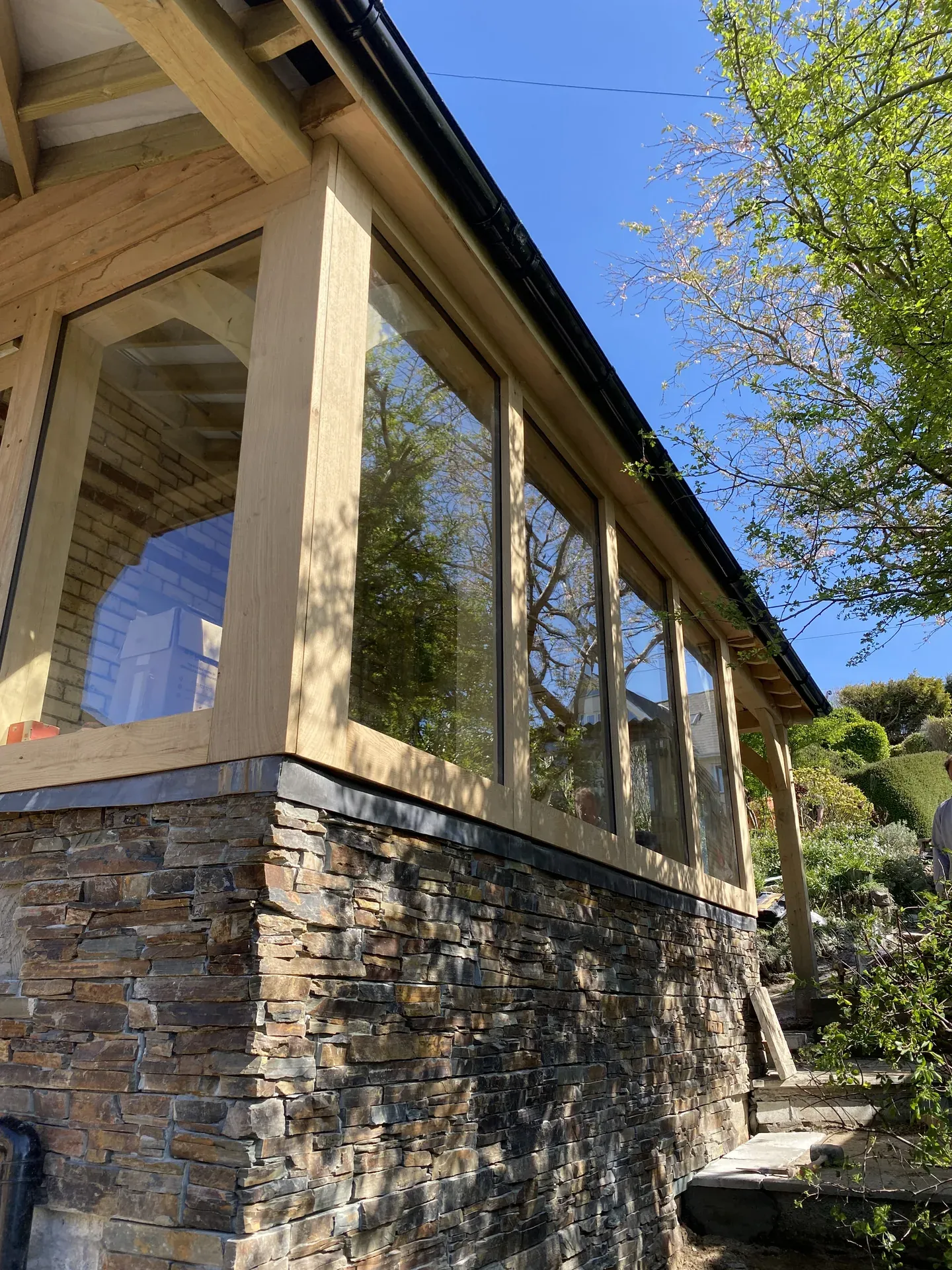 Oak framed glazed gable interior