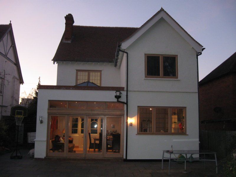 Oak framed house exterior dusk