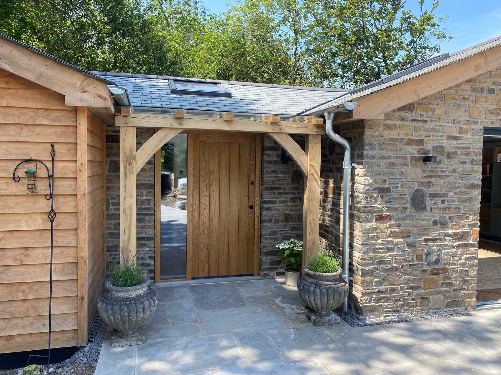 Oak plank front door porch