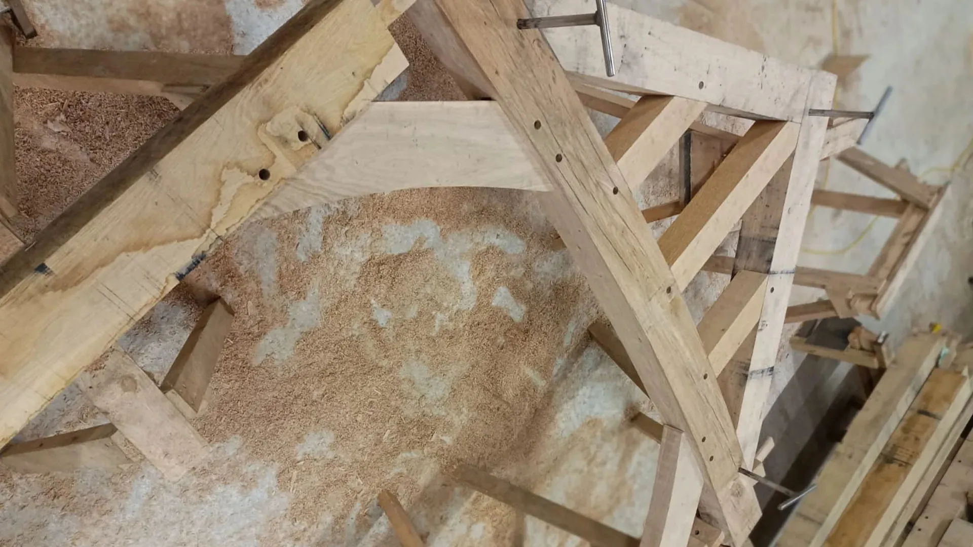 Hand-cut oak frame joints in the Mortehoe workshop, pegged mortice and tenon