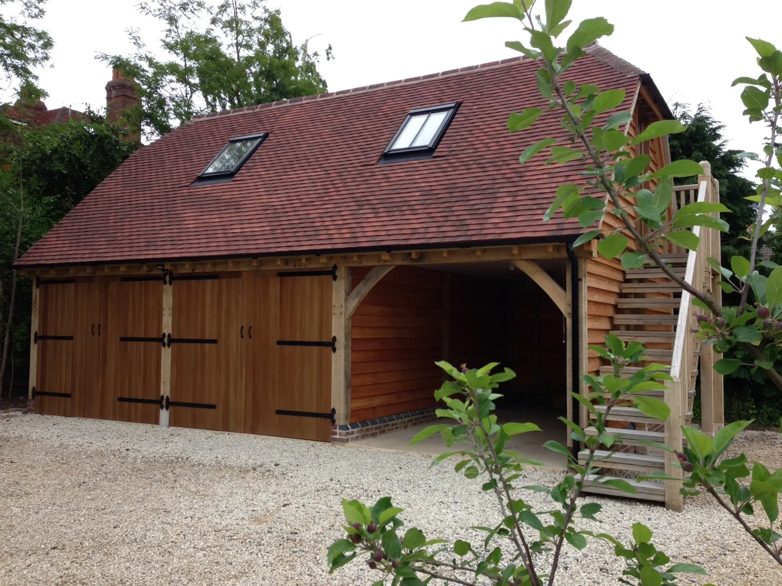 Oak framed two storey garage rooflights