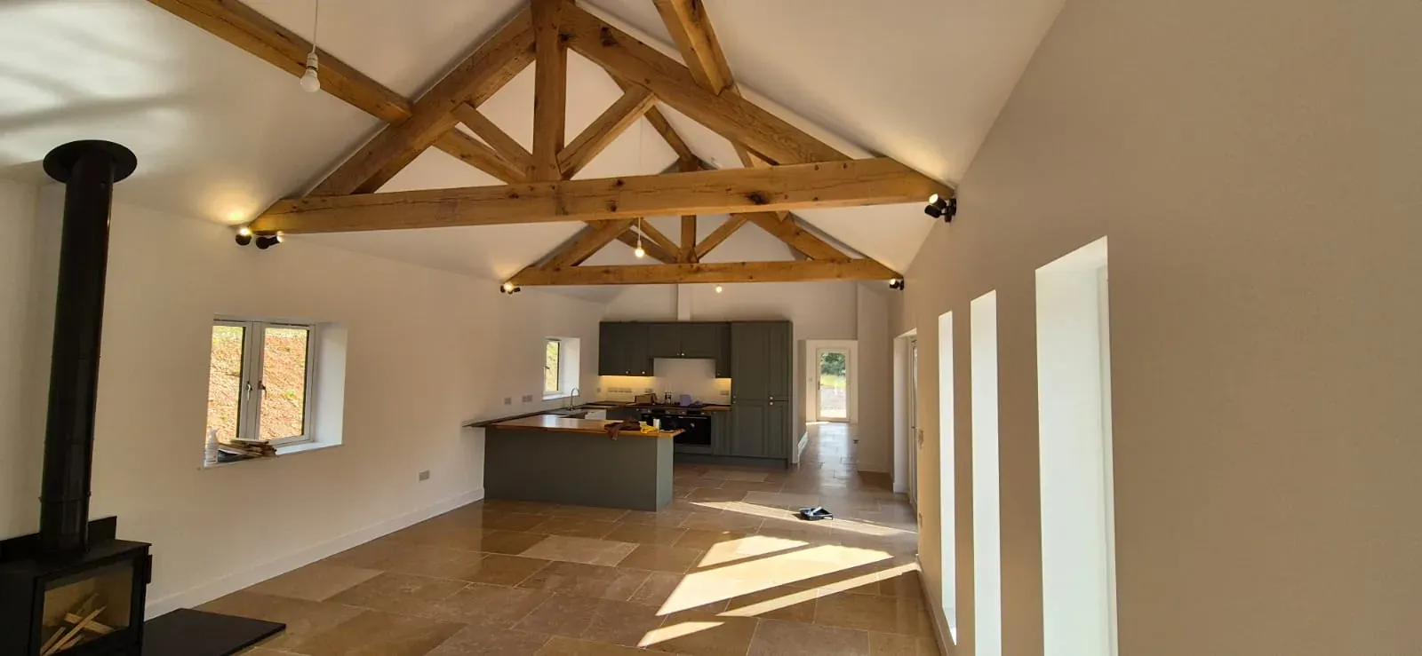 Oak framed vaulted interior woodburner